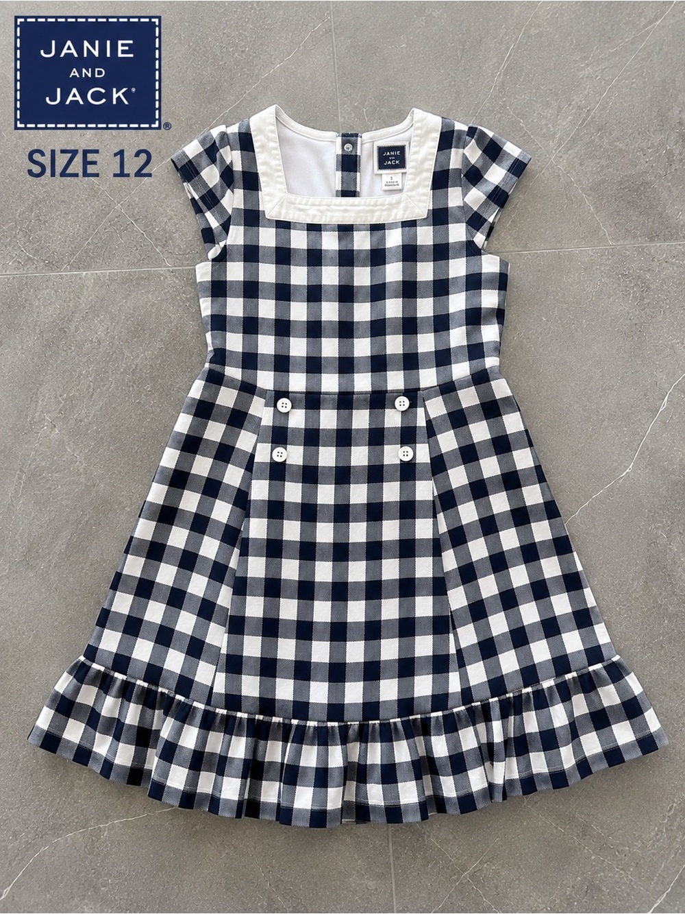 Janie and Jack Girls Navy & White Gingham Dress – Size 12